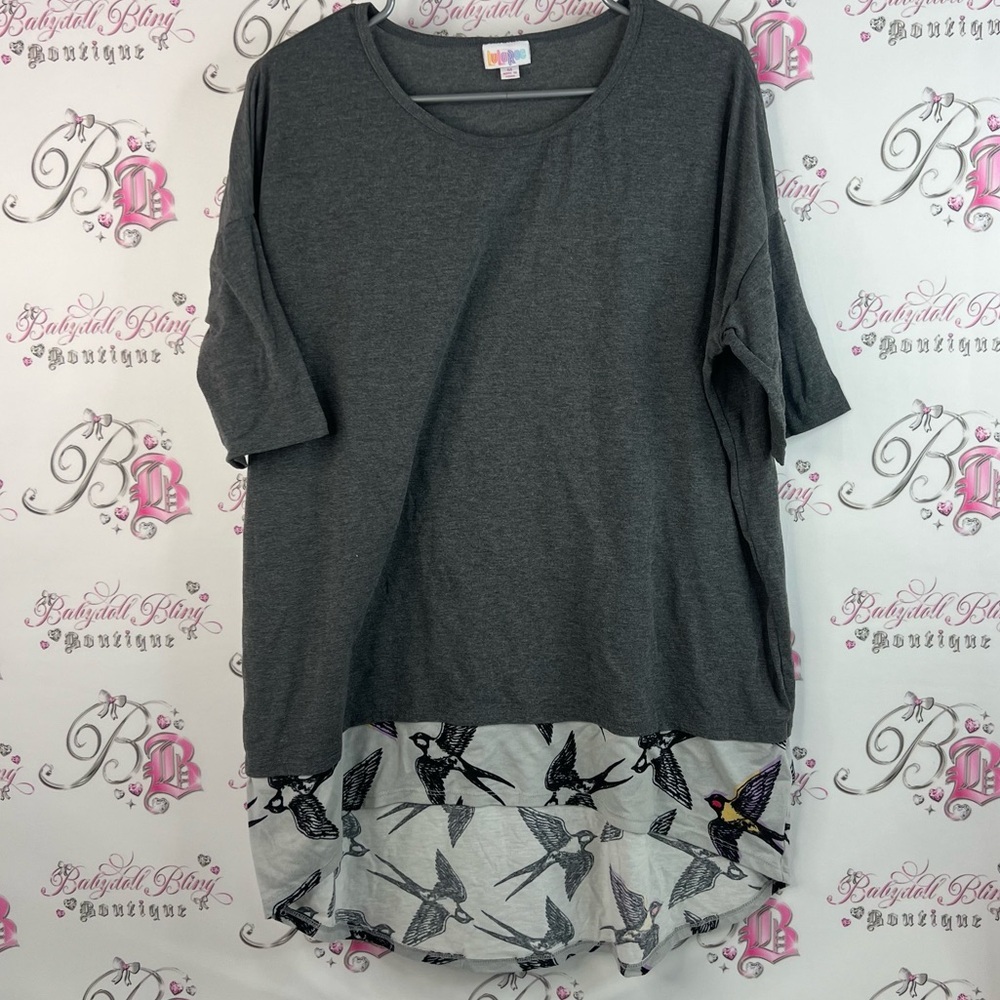 LuLaRoe top high low birds two tone grey Charcoal and White Short Sleeve Top
